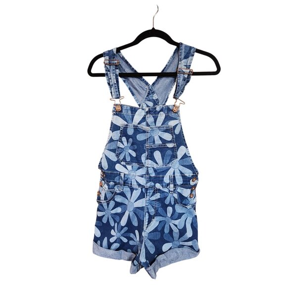 Denim Floral Print Short Overalls S No Boundaries Crossback Straps Womens Casual - Picture 1 of 3